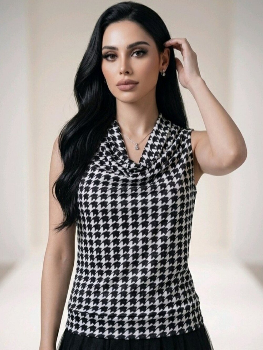 🖤🦷 ALFANI Houndstooth Shimmer Cowl Neck Corpcore Sleeveless Top Size L